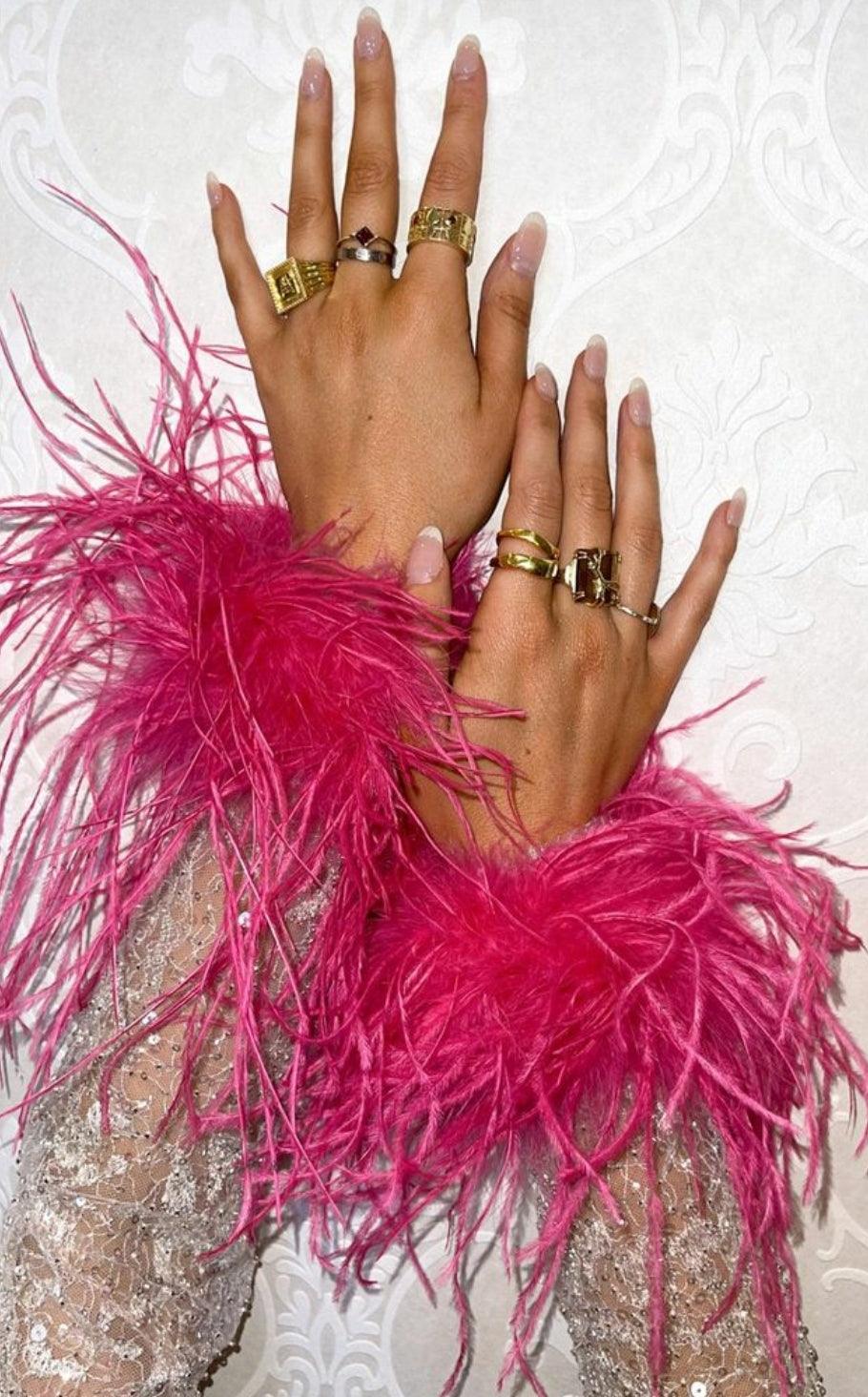 Detachable Feather Band - Hot Pink -  Detachable high density Ostrich feather band adjustable to the wrist - Pair of 2 in each set Color: Hot pink Available on pre-order basis - 6 business days making time Detachable Feather Band - Hot Pink Detachable high density Ostrich feather band adjustable to the wrist - Pair of 2 in each set Color: Hot pink Available on pre-order basis - 6 business days making time